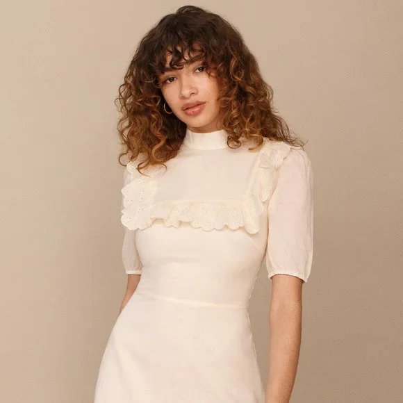 knee length dresses for ladies Reformation Kiernan Ruffle Hem Mini Dress White Floral Print Linen Size 2